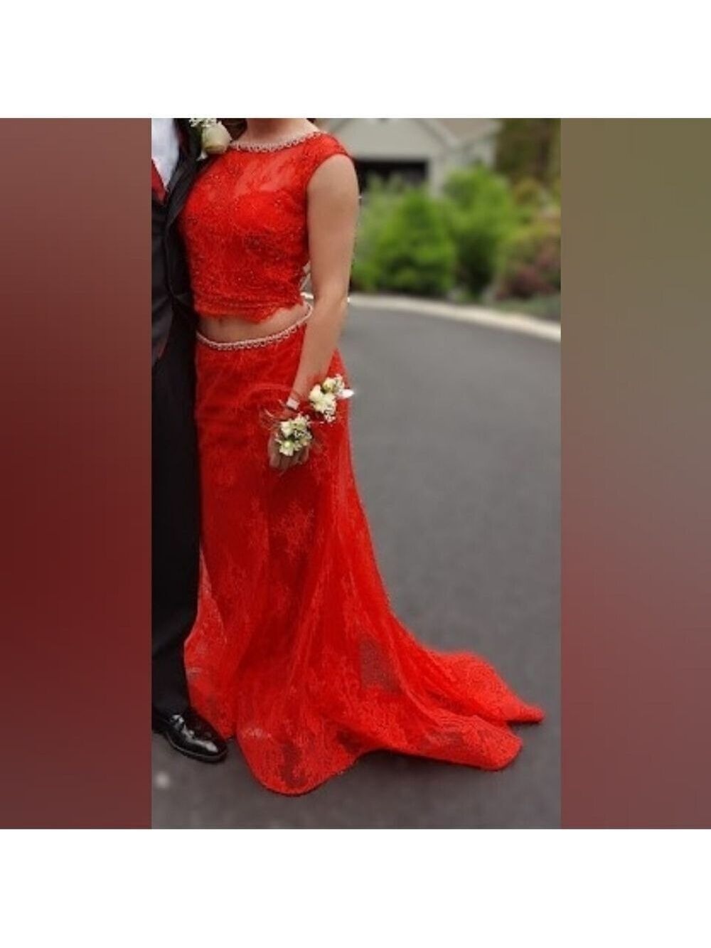 Red Lace Beaded 2-Piece Prom Dress | High Low Skirt | Formal Gown